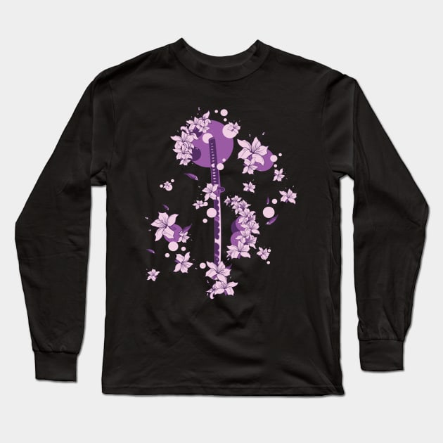 Japanese Katana Sword Floral Flower Pattern Long Sleeve T-Shirt by MintedFresh